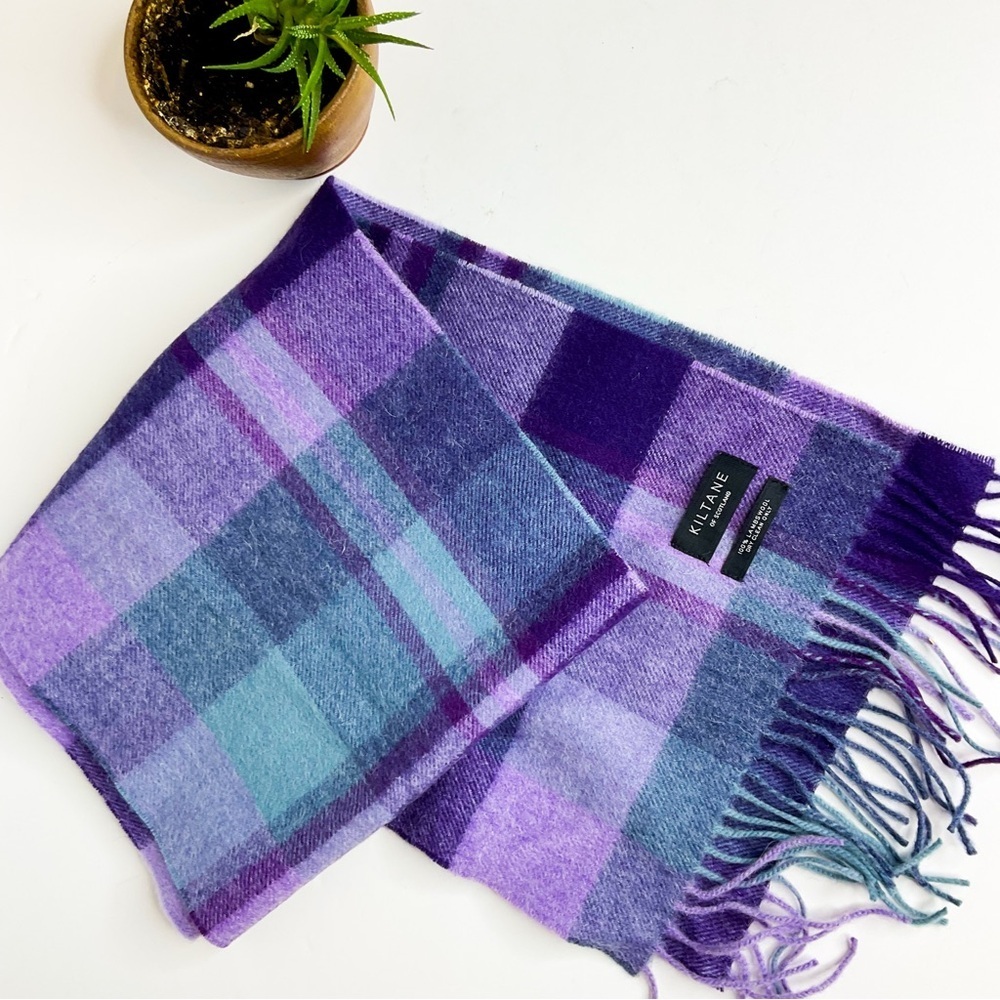 KILTANE of Scotland Purple Blue Plaid Wool Scarf | Fringe Detail - Picture 2 of 6
